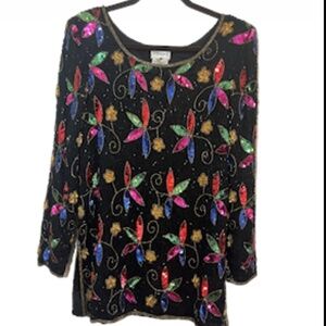 Vintage Sequin Festive Holiday Top S Black Metallic Floral Glam Retro Colorful